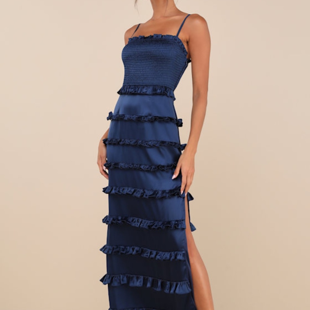 Lulus Sincerely Fabulous Navy Blue Satin Smocked Ruffled Maxi Dress - Size L